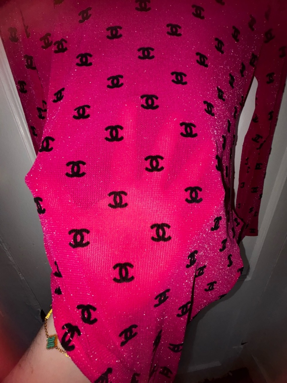 CHANEL Hot Pink Long Sleeve Logo Mesh Bodysuit - Picture 3 of 4
